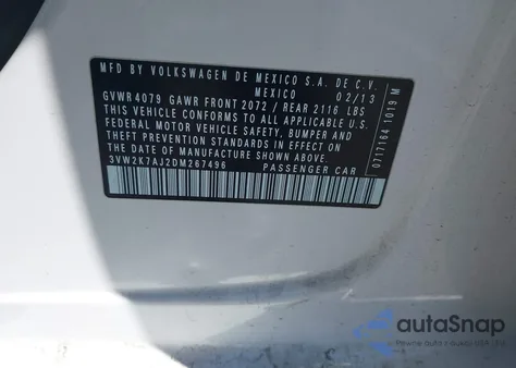 2013 Volkswagen Jetta 2.0L S from USA, damaged, VIN 3VW2K7AJ2DM267496